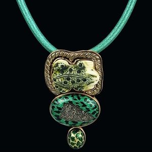 VTG AKR Hand Carved Frog Dragon Druzy Pendant Pin